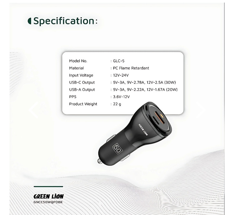 شارژر فندکی دو پورت 50 وات Green Lion مدل Dual Port Car Charger